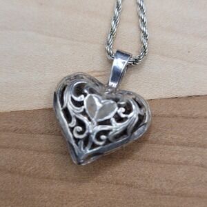 Vintage Sterling 925 Openwork Puffy Heart Pendant Necklace